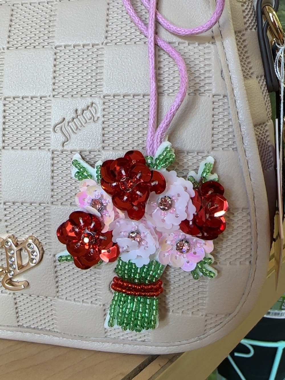 Sequin Flower Bouquet Bag Charm - Red & Pink